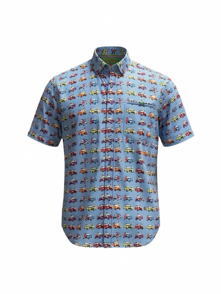 Men's Light Blue Short Sleeve Button-Down Shirt With Vintage Car Print